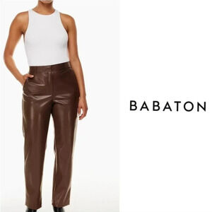 Aritzia Babaton Command Vegan Leather Mid Rise Straight Leg Pants Brown Size 16.